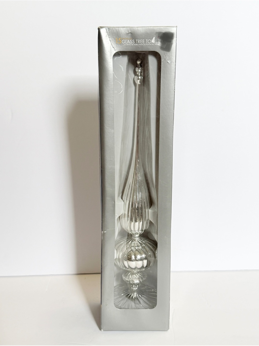 15” Holiday Time Silver Glass Finial Christmas Tree Topper NIB